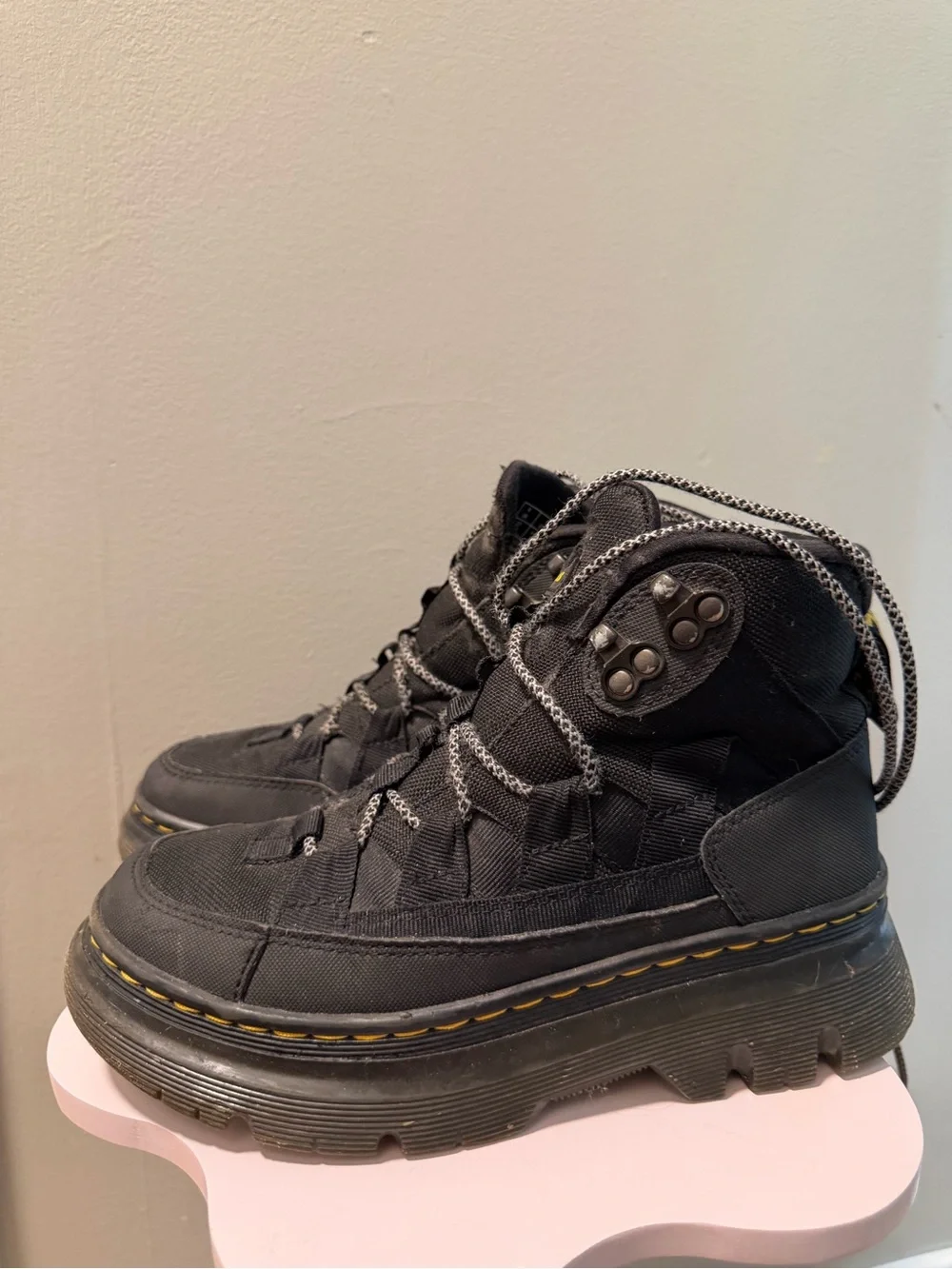 Dr. Martens Black Platform Lug Boots with Yellow Stitching